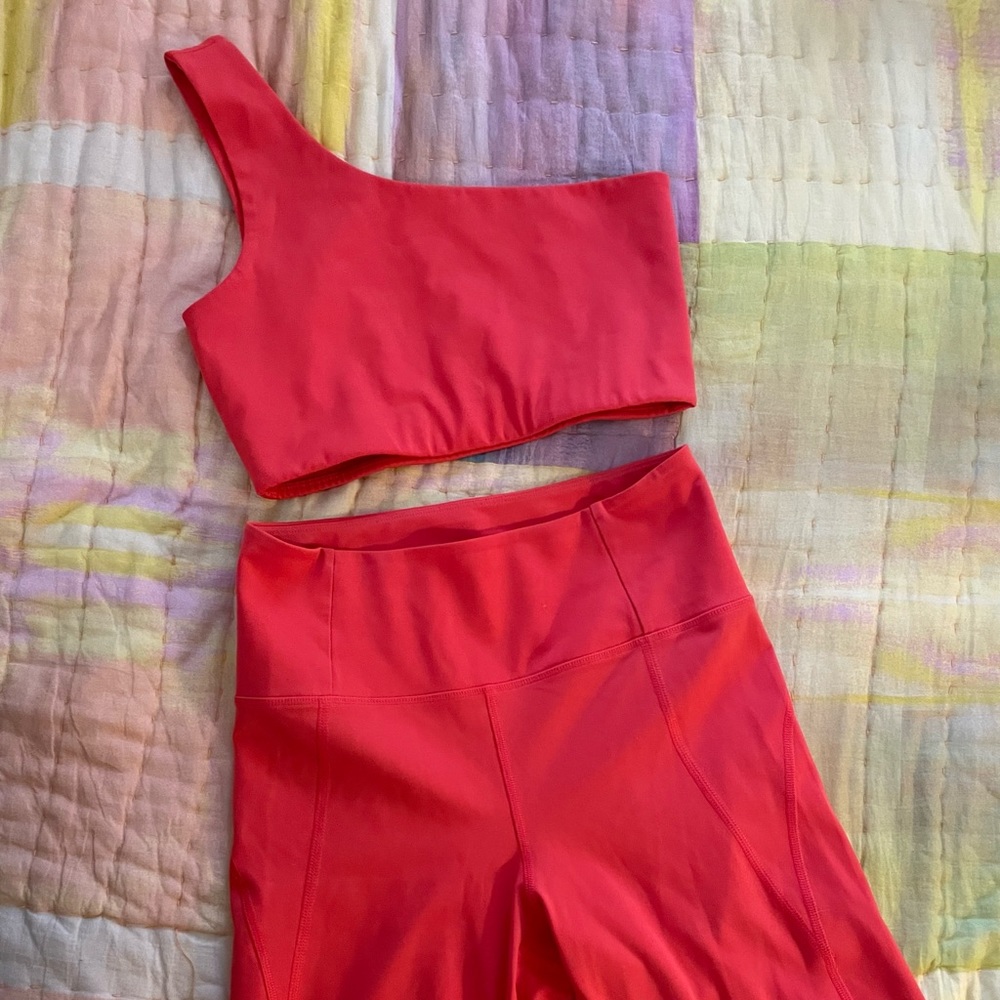 Girlfriend Collective Geranium neon red one shoulder top & bike shorts